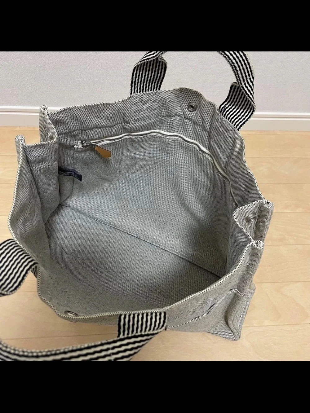 Hermes Gray Canvas Tote with Striped Web Handles